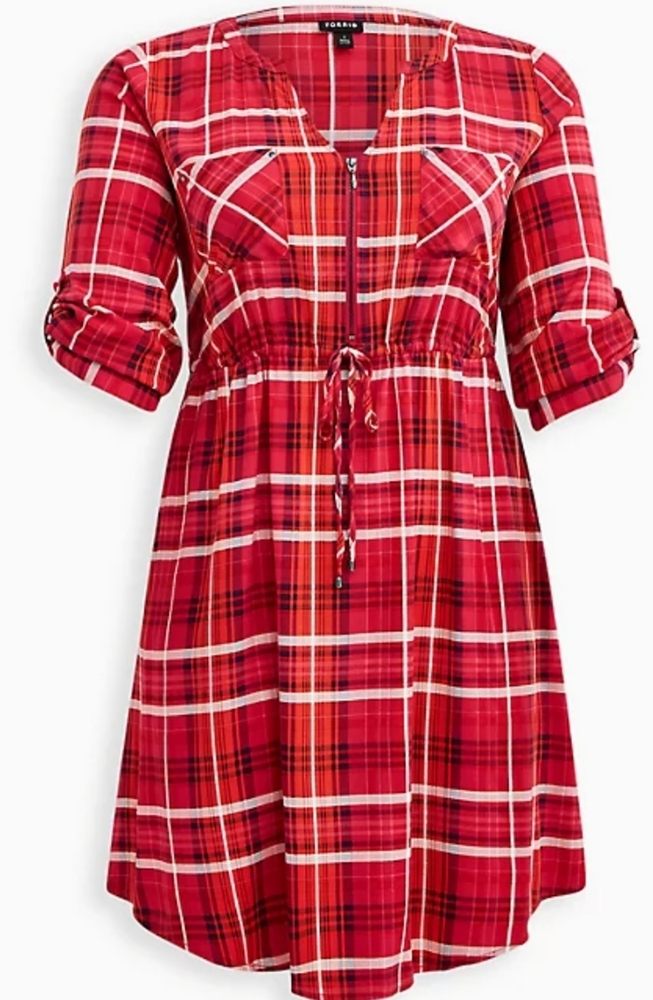 NWT Torrid Zip Front Plaid Challis Shirt Dress Red Size 0x 12 - Picture 4 of 14
